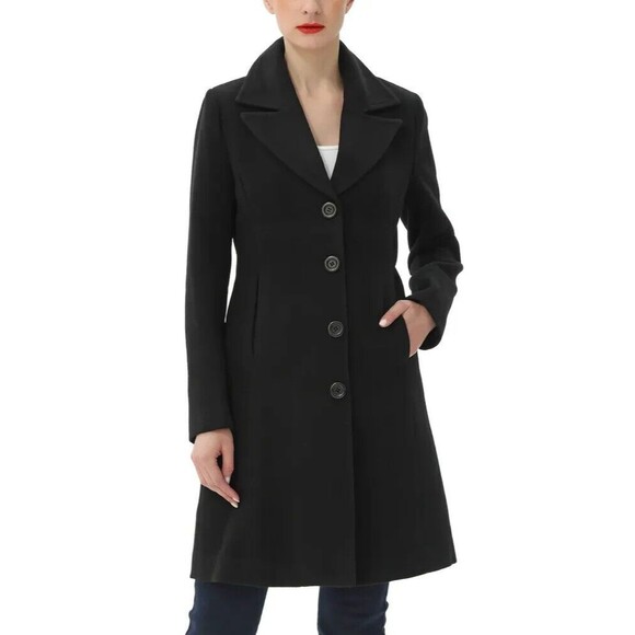 Kimi + Kai Joann Women's Black WOOL Blend Collared Long Button Up Coat Sz L - Picture 2 of 8